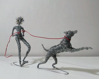 Handmade Wire Sculpture – Dog Walker Gift, Pet Owner, Man and Dog Walking Together