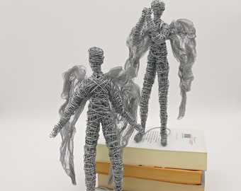 Conjunto de dos esculturas de ángeles, esculturas modernas de malla de alambre, decoración contemporánea del hogar, regalo único para Navidad, envío rápido.