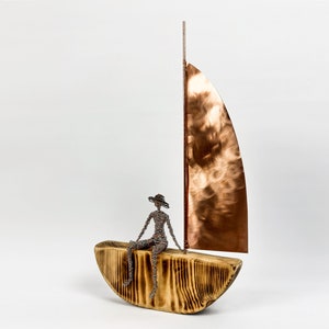 Woman Sitting on a Boat, Wooden Sailboat, Shelf Decor Wire Sculpture, Nautical Living Room Decor, Tabletop Decor,  Sailing Lovers Gift