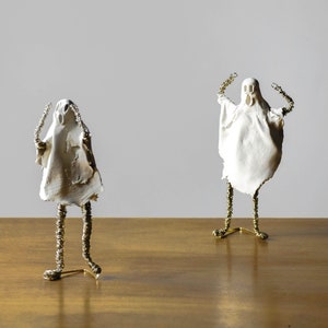 Set of two wire sculptures with clay, nice home decor, Ghost sculpture nice bookshelf decor, Gothic style.