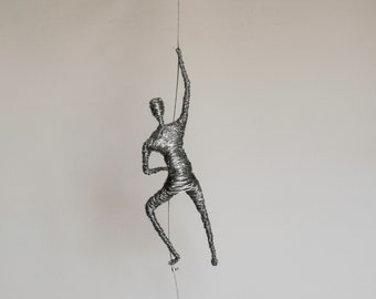 Wire Sculpture: Climbing Man, Modern Metal Wall Art