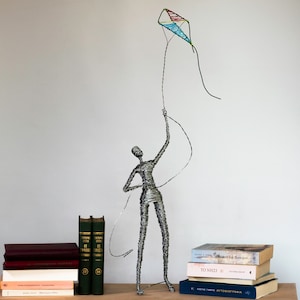 Large Wire Sculpture Man Figure with Kite , Sculpture Decor , Bookshelf decor , Table Top Sculpture , Modern decor , Statues Decor