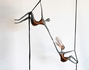 Aerial Yoga Women Figure Wire Sculptures, Set of 2 Aerial Yoga Sculptures, Modern Wall Sculptures, Home Gym Decor, Gift or Her.