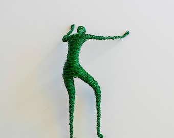 Green Wire Climbing Man Wall Sculpture – Handmade Minimalist Art