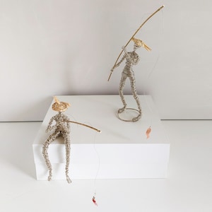 Set of Two Fishermen Sculptures, Handmade Wire Sculptures, Modern Living Room Decoration, Personalized Unique Gift