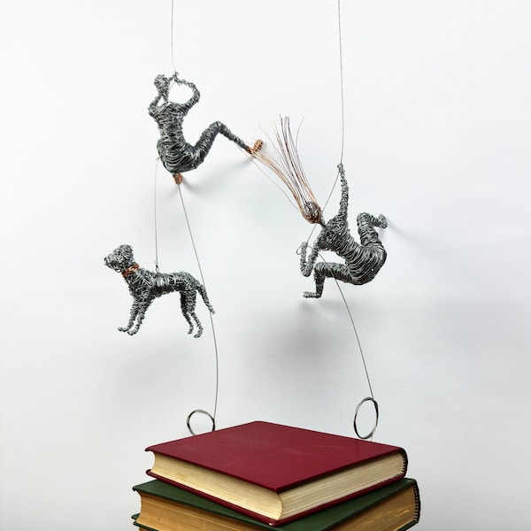 Climbing Man and Woman with Dog, Climbing Wall Art, Rock Climber, Climbing Wall Decor, 3D Wall Decor, Wire Sculpture, Gift for Climbers