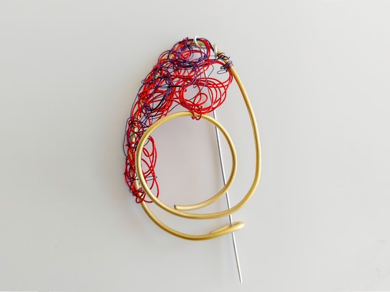 Handmade Brass Wire Brooch, Modern Art Sculpture Jewelry