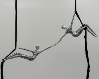 Women figure wire sculptures, set of 2 climbing wire art sculptures, rock-climbing sculptures, modern wall sculptures, home gym decor.