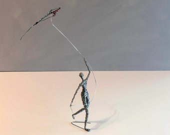 Kite Flying Wire Sculpture, Father and Son with a Kite, Unique Gift for Him, Joyful Art for House Decoration, Wire Art, Sculpture Art