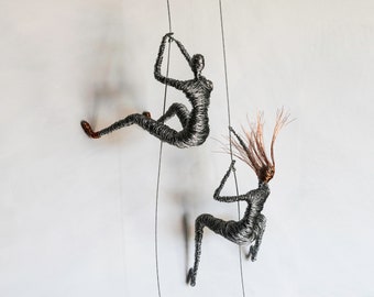 Climbing Man Woman, Climbing Wall Art, Rock Climber, 3D Wall Decor, Wire Sculpture, Gift for Climbers, Sports Gift