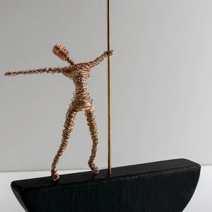 Wire Sailor Sculpture, Nautical Wood Base, Metal Art Decor