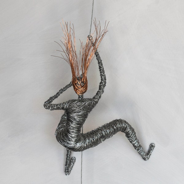 Climbing Woman with Copper Hair, Rock Climber, Wire Sculpture, Modern Metal Wall Art, Home Gym Decor, Interior Design, Sports Decor.