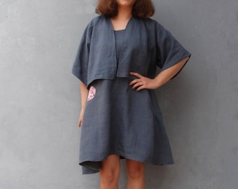 Linen Dress with Bolero: Vintage Embroidered Mori Girl Style, Dark Grey, Size 8