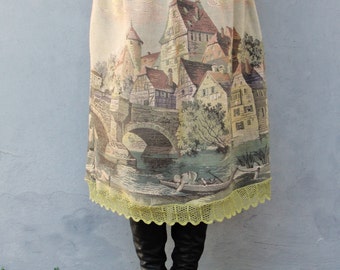 Village by the River Skirt Fairy tale Vintage Plus Size Clothing Woodland Gobelin Tapestry Fabric Clothing US size 16 / 20 EU size 46 / 50