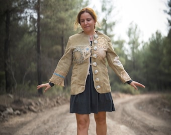 Bohemian Leather Doily Jacket, Embellished, Tattered, Crochet, Vintage Treasures, Antique Lace, Stitched, Pastel color blend