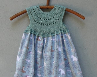 Hand Knitted Woodland Toddler Dress: Mint Green Cotton Animal Print