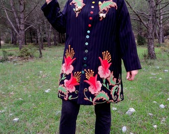 Embroidered Black Coat Jacket Revamped Vintage Jacket Embellished with Embroidery size Large