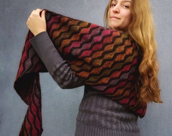 Knitted Triangle Scarf: Wavey Dark Rainbow Wool Blend Wrap
