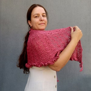 Triangle Pink Lace Scarf, Knitted Textured Scarf, Leaves Texture, Merino Wool with Silk