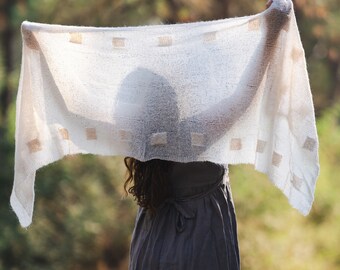Creamy Geometric Scarf Wrap Hand Knitted Luxurious Accessory