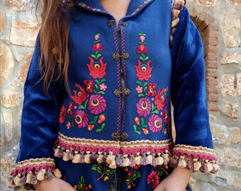 Bohemian Embroidered Blue Felt Jacket with Trims and Velvet size medium