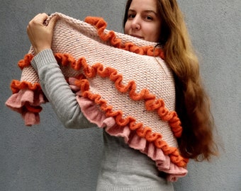 Powder Pink and Terracotta Scarf Soft Mohair and Cashmere Hand Knitted Luxurious Accessory