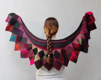 Knitted Wing Scarf Purple Magenta Green Scales Wrap Scarf. with Flocked Batik Fabric lining