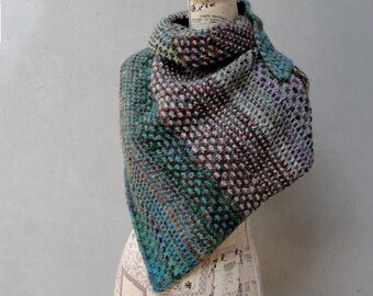 Knitted Textured Scarf, Stripe Textures Cowl, Wool and Acrylic, Teal, Gray, Burgundy