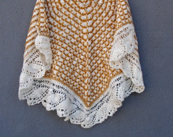 Knitted Triangle Scarf: Rustic Lace, Vegan Yarn, Ochre Orange