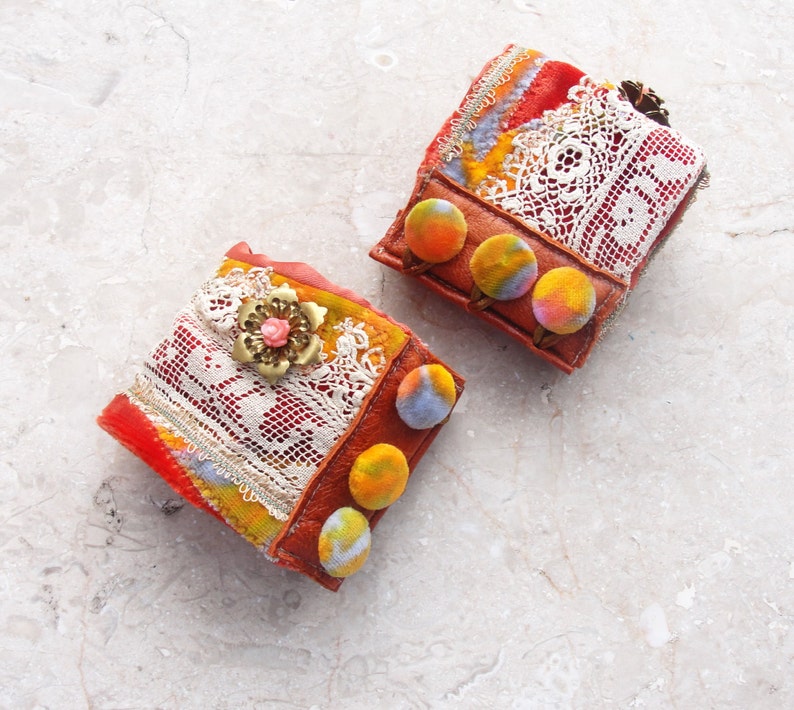 Wrist Cuffs with Antique Lace Leather Vintage Velvet Coral image 5