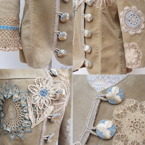 Bohemian Leather Doily Jacket, Embellished, Tattered, Crochet, Vintage Treasures, Antique Lace, Stitched, Pastel color blend image 6