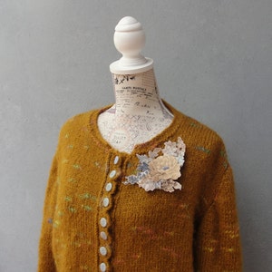 Mori Girl Cardigan, Romantic Mustard Knitted Jacket with Floral Brooch, Plus Size Clothing US size 12 / 14 EU size 42 / 44 image 2