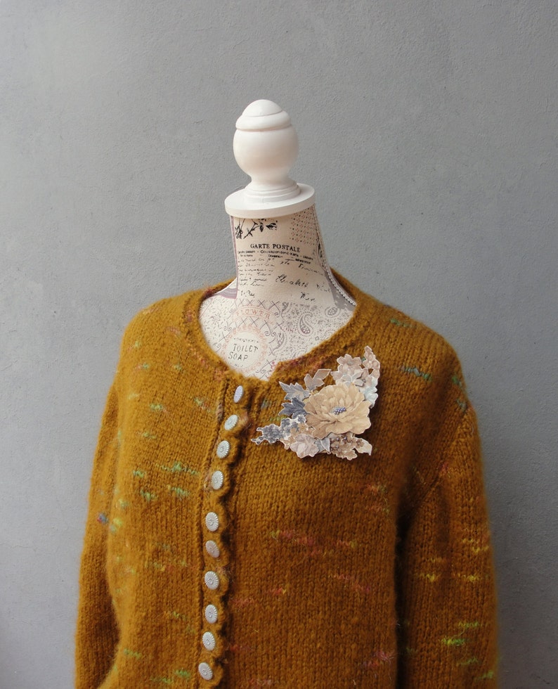 Mori Girl Cardigan, Romantic Mustard Knitted Jacket with Floral Brooch, Plus Size Clothing US size 12 / 14 EU size 42 / 44 image 2