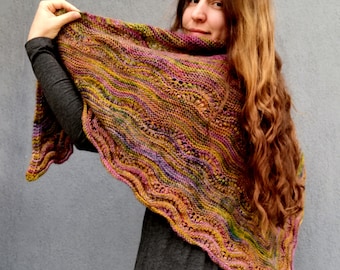 Knitted Merino Wool Triangle Scarf: Warm Rainbow Stripe Wrap