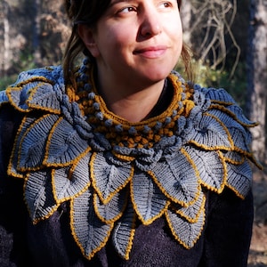 Knitted Wing Cowl, Feathers Flame Cowl, Scarf Gray and Mustard Scales Wrap Cowl, Flower Leaves, Vegan Cowl Birds of a Feather