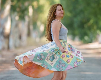 Patchwork Quilt Cascade Skirt: High Low Hem, Size Small