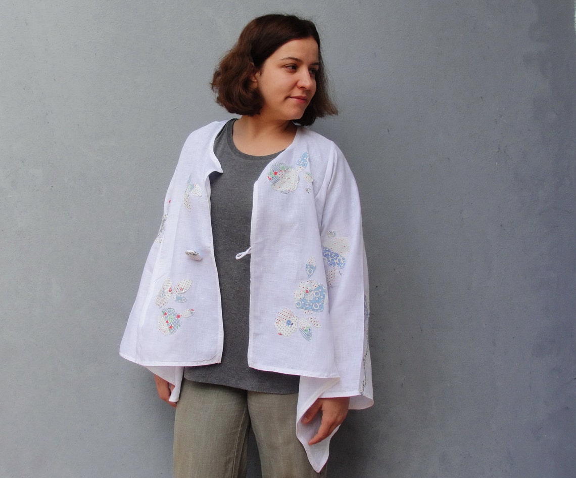 White Linen Jacket Embellished With Patchwork Applique Etsy