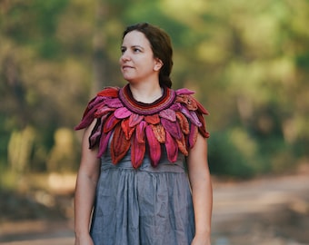Knitted Wing Cowl: Vegan Acrylic Feather Scarf, Red & Pink
