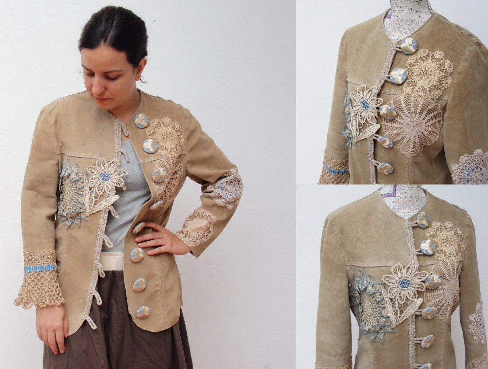 Doiley Jacket Bohemian Leather Doily Jacket: Embellished Vintage Lace, Size Small - Etsy