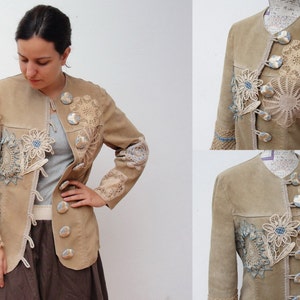 Bohemian Leather Doily Jacket, Embellished, Tattered, Crochet, Vintage Treasures, Antique Lace, Stitched, Pastel color blend image 7