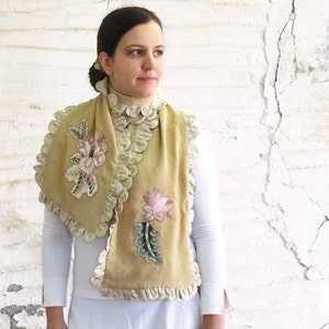 Striped Mustard Scarf, Mori Girl, Appliqued Ruffled Luxurious Accessory