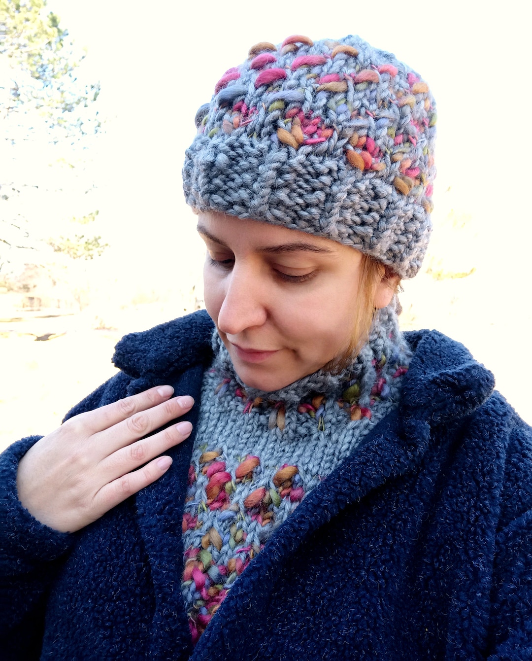 Cozy Wool Knit Hat and Cowl Set Luxurious Accessory Gray With Rainbow ...