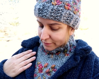 Cozy Wool Knit Hat and Cowl Set Luxurious Accessory Gray with Rainbow Colors