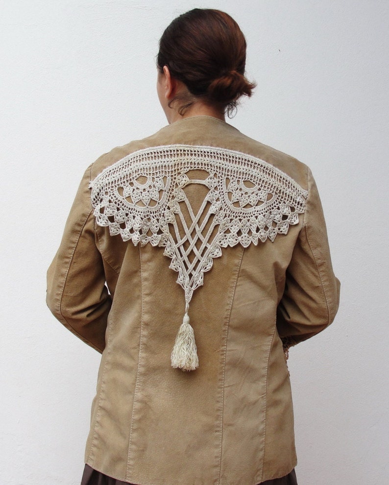 Bohemian Leather Doily Jacket, Embellished, Tattered, Crochet, Vintage Treasures, Antique Lace, Stitched, Pastel color blend image 3
