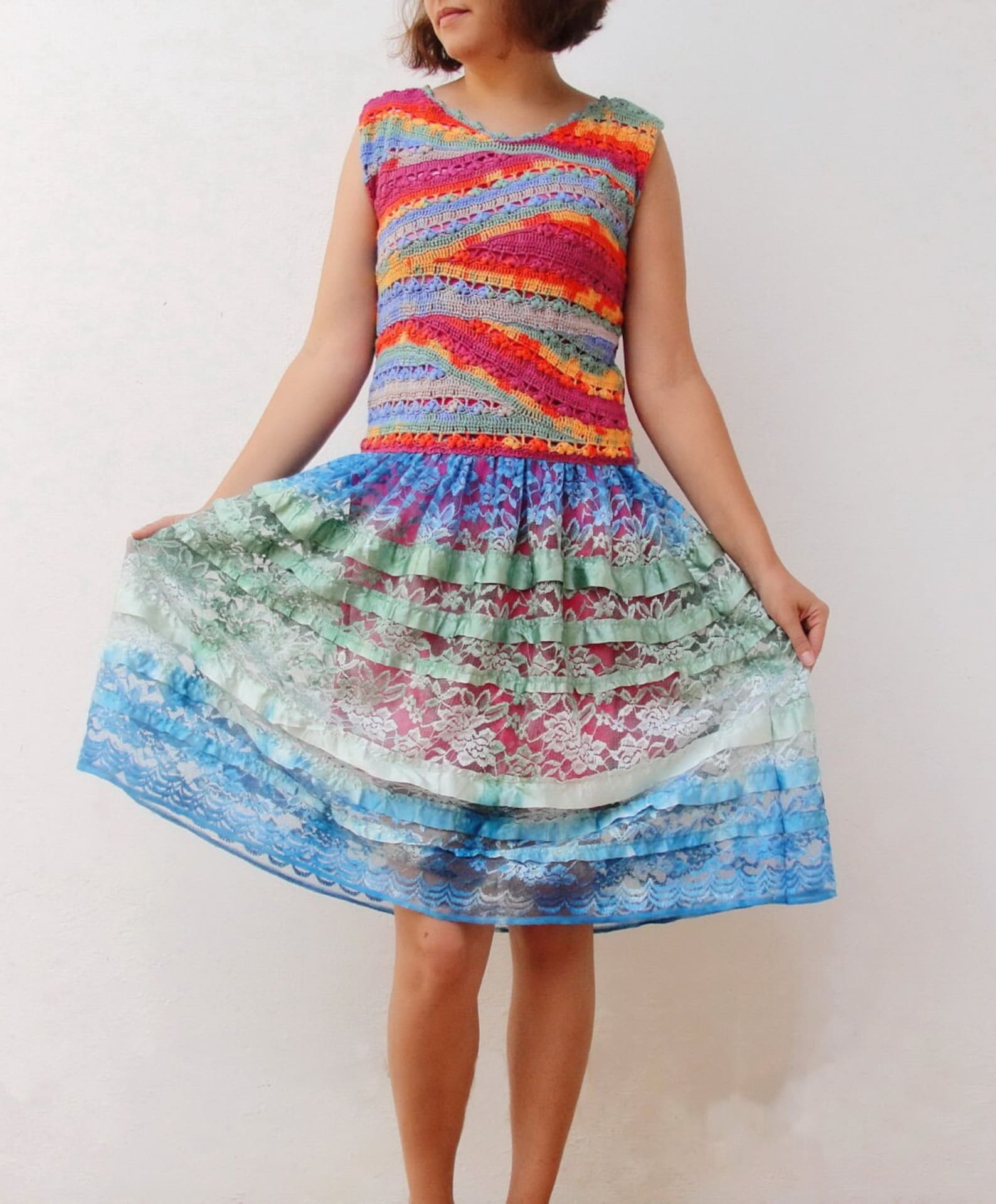 Colorful Bohemian Dress Hand Crocheted Lace Dress Multi Colored Stripes