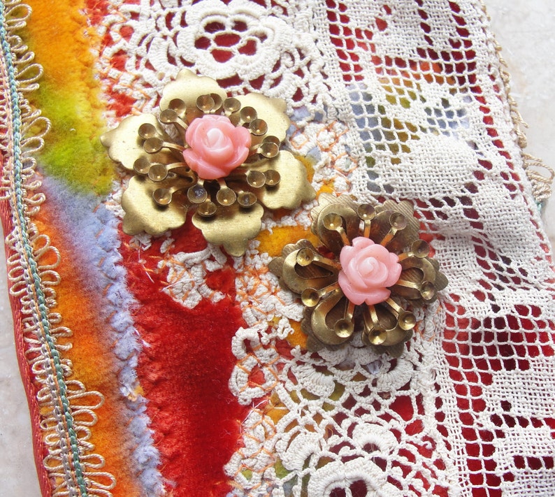 Wrist Cuffs with Antique Lace Leather Vintage Velvet Coral image 4