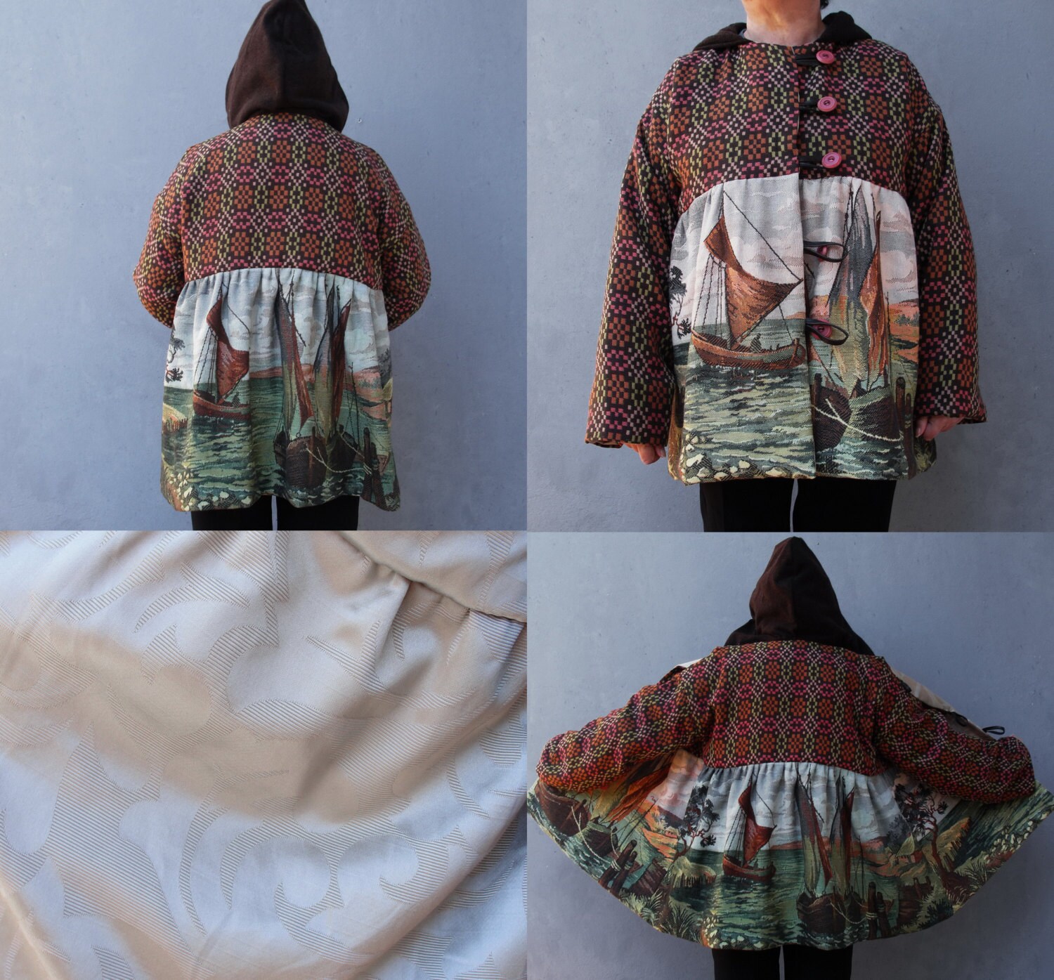 Vintage Gobelin Tapestry Coat: Nautical Sailing Landscape Hoodie