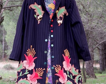 Chaqueta negra bordada, chaqueta vintage renovada, adornada con bordado, talla grande
