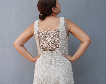 Knitted Tunic Tank Top with Vintage Handmade Lace, Bohemian Top Size Medium