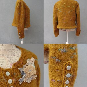 Mori Girl Cardigan, Romantic Mustard Knitted Jacket with Floral Brooch, Plus Size Clothing US size 12 / 14 EU size 42 / 44 image 6